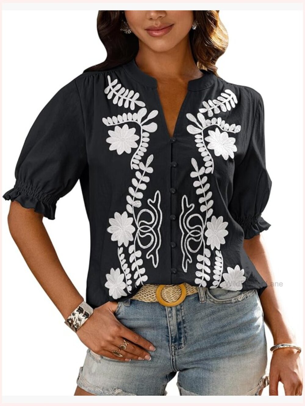 Womens Boho V Neck Puff Sleeve Button Down Shirt Embroidered Tunic Blouse